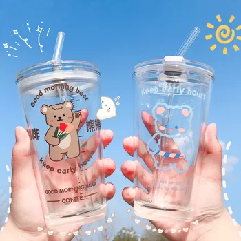 1 / 2ks roztomilý zvierat medveď sklo, nepresakuje slamy pohár, pohár vody, ovocné šťavy, mlieko pohár pohára pohár sklenený tovar na pitie