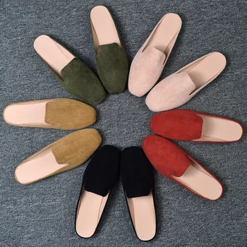 2020 Nový Príchod Farbou Semiš Mule Papuče pre Ženy Jeseň Jar Módne Bežné Listov Topánky Mimo Nízke Sandále Päty