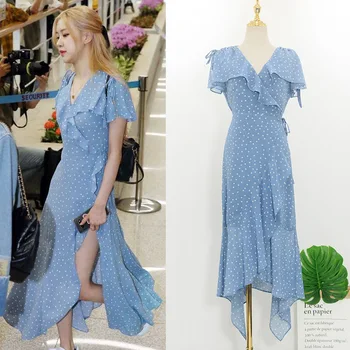 2021 Kórea Módne Letné Šaty pre Ženy Bežné Modrá Prehrabať Polka Dot Nepravidelný Šaty Žena Long Beach Šifón Šaty Vestido