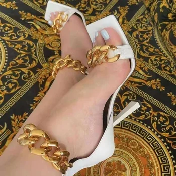 2022 Nové dámske Sandále Módne Tenké Vysoké Podpätky Sandále Ženy Otvoriť Leňoch Kovové Reťaze Sandále Žena Poltopánková Obuv Ženy zapatos