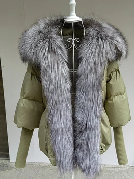 2022 Nové Módne Prírodné Reálne Fox Kožušiny Golier, Biela Kačica Nadol Bunda Zimná Ženy Teplé Voľné Kabát Hrubé Luxusné Vrchné Oblečenie