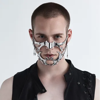 2023 Luxusné CyberPunk Maska Kvapaliny Nepravidelný Strieborná Farba Duté Titánové Ocele Tváre Doplnky Pre Ženy, Mužov Strany Šperky