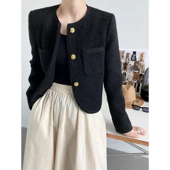 30% Vlna Tweed Kabát Čierna Béžová Jeseň Elegantné Tlačidlo Hore Ženy, Krátka Bunda