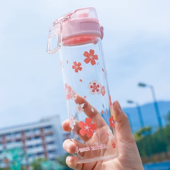 380ML Sakura Sklenená Fľaša na Vodu Prenosné Únik Dôkaz Priehľadná Fľaša na Pitie Pre Dievča Cestovné Športové Skákacie Pohár Vrchnák Fľaše