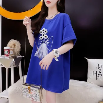 #4376 Čierna Biela Modrá Patchwork Kvet Luk Krátky Rukáv T Shirt Ženy kórejský Štýl Voľné Dámske Letné Tričko Tee Tričko O-krku