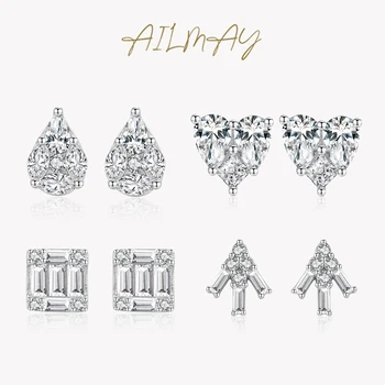 Ailmay Najvyššej Kvality Reálne 925 Sterling Silver Luxusný Romantický 5A Crystal Zirkón Stud Náušnice Pre Ženy Fashion Party Šperky