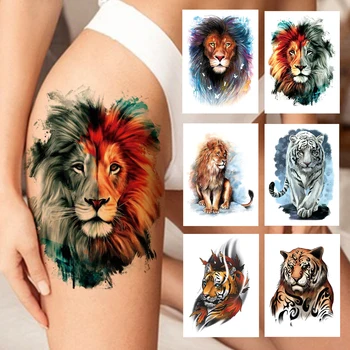 Akvarel Lev, Tiger Dočasné Tetovanie Pre Ženy, Mužov Atult Dieťa Realistické Falošné Tetovanie Zvierat Nálepky Vody Prenos Tatoos Stehna