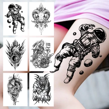 Astronaut Priestor Dočasné Tetovanie Pre Ženy, Mužov Dospelých Kmeňových Ovce Monster Tetovanie Nálepky Falošné Black Warrior Kompas Tetovanie Stehna