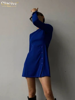 Clacive Módne Modrá Mini Šaty Bodycon O-Krk Dlhý Rukáv Šaty Vintage Single-Breasted Elegantné dámske Šaty Pre Strany 2022