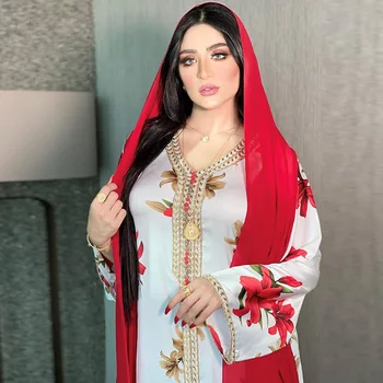 Dubaj Abayas Party Šaty Módne Moslimských Žien Hidžáb Oblečenie Nastaviť Elegantné Saténové Vytlačené Voľné Kaftan Maroko Plášte Ramadánu Oblečenie
