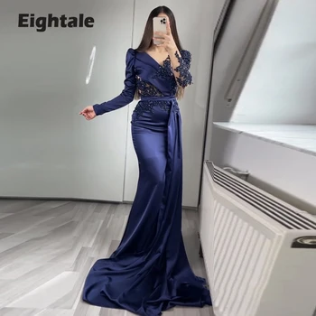 Eightale Morská víla Večerné Šaty s Dlhými Rukávmi, tvaru Appliques Korálkové Satin Záhybov arabčina Formálne Prom Party Šaty 2022
