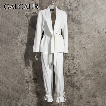 GALCAUR Elegantné Plášťov Pre Ženy s Drážkou Golier Dlhý Rukáv Vysoký Pás Patchwork Čipky Biele Kabáty Žena 2021 Jeseň Oblečenie