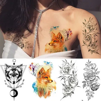 IORIKYO dámskej Módy Sexy Falošné Tetovanie Fox Dočasné Kvet Tetovanie Rose Mužov Geometrické Vlk Akvarel Tetovanie Nálepky 3D