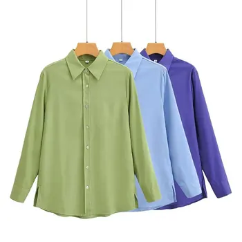 Jednoduché jednofarebné dámske Tričko 2021 Jeseň Nové Tlačidlo Zase Dole Golier, Dlhé Rukávy Príležitostné Voľné Dámy OL Zelené Modré Košele