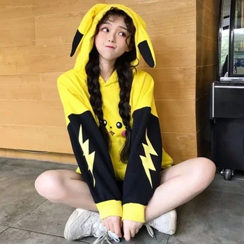 Jesenné a Zimné Nové Šitie Kontrast Farieb Plus Velvet Lightning Pikachu s Kapucňou Sveter Ženy kórejský Štýl Top
