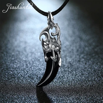 JIASHUNTAI Retro 100% 925 Sterling Silver Prívesok Náhrdelník Čierny Kameň Vlk Zub Thai Strieborné Šperky Pre Mužov Cool