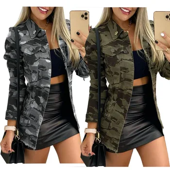 Kamufláž Bunda, Kabát Ženy 2021 Nadrozmerné Cardigan Vrecká Vojenské Streetwear Bežné Vrchné Oblečenie