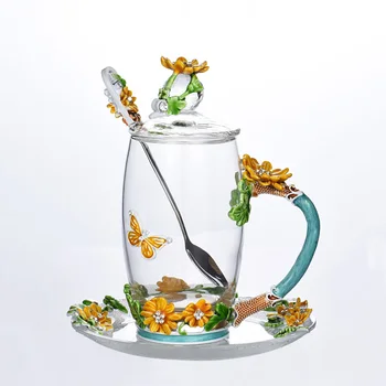 Kreatívne Žltá Daisy Smalt Crystal Hrnček Čaju Šálka Kávy Hrnček Motýľ Daisy Maľované Kvet Vody Poháre Číre Sklo s Lyžicou