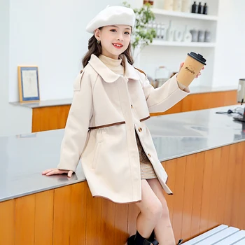 Kórejské Deti Dievča Zimná Bunda Na Jeseň Hrubé Vlnené Vrchné Oblečenie Móda Deťom Dlhé Kabáty Vlnené Výkopu Outwear Oblečenie 4-15 Rokov
