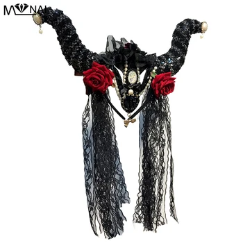 Lolita Rohy Hlavový Most S Závoj Gotický Rose Pearl Headdress Strany Tiara Horn Halloween Horror Hlavový Most Príslušenstvo