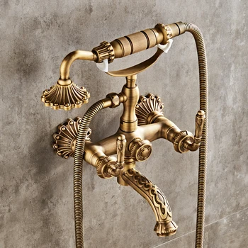 Luxusné Antique Brass Kúpeľňa So Sprchou Nástenné Batérie, Ťuknite Na Položku Zmiešavač Ručné Sprchové Batérie, Držiaky Vyrezávané Retro Vaňa Sprcha Set
