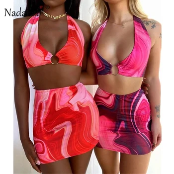 Nadafair Mini Sexy Ženy Šaty Sady Multi Club Oblečenie Kravatu Okolo Krku 2021 2Piece Bodycon Pláži Vystrihnúť Backless Letné Šaty