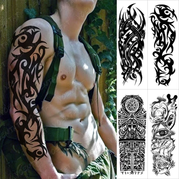 Nepremokavé Dočasné Plný Arm Tattoo Nálepky Veľký Plameň Tribal Totem Kvet Flash Tetovanie Človeka Body Art Falošné Rukáv Tatto Žena