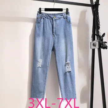 Nové 2021 Jar Jeseň Plus Veľkosť Jeans Pre Ženy Veľké Voľné Bavlna Otvor Modrá Rovné Denim 3XL Nohavice 4XL 5XL 6XL 7XL