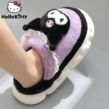 Nové Sanrio Kuromi Módne Plyšové Papuče Ženy Teplo Domova Zimné Thicked Topánky Dievča Hello Kitty Bavlna Vnútorné Plné Pokrytie Topánky
