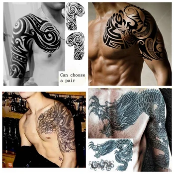 Nový Vodotesný Tetovanie Nálepky Mužskú Polovicu Ramenný Dragon Totem Náprsník Plameň Kvet Rameno Umenie Falošné Tetovanie Čierne Veľká Veľkosť Tetovanie