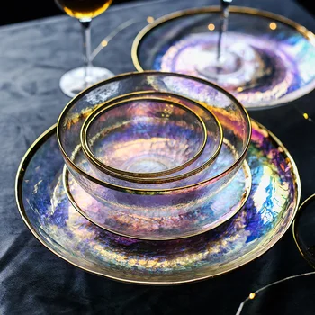 Oslniť farby maľované zlaté sklenené misky, misky transparentné kladivo zrna sklíčko šalátovej misy ovocné misy západnej potravín