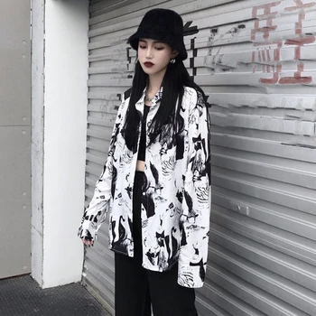 QWEEK Gotický Blúzka Ženy Harajuku Biele Tričko Tlačidlo Hore Nadrozmerná Dlhý Rukáv Top kórejský 2021 Módne Muchárik HIP HOP, Punk Chic