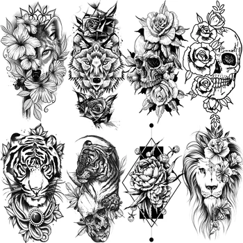 Realistické Lev, Tiger, Vlk Dočasné Tetovanie Pre Mužov, Ženy, Geometrické Ruže Kvet Lebky Falošné Tetovanie Jednorazové Polovičný Rukáv Tatoos
