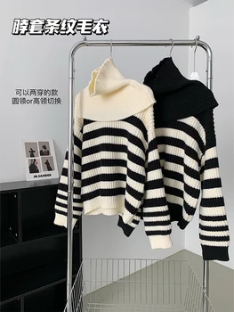 Retro Klasické Prekladané Dizajn Ženy Knitwear 2022 Jeseň Zima Nové Voľné Knitwear Turtleneck Žena Sveter Kórejský Štýl Vintage