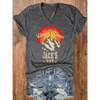 Rheaclot Virgin River Jack Bar dámske Letné Bežné Bavlna Grafické V-Neck Top T-shirt