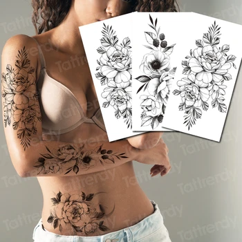 Ruže, Pivónia Kvet Dievčatá Dočasné Tetovanie Pre Ženy Waterproof Black Tattoo Nálepky 3D Kvet Lady Ramenný DIY Tatoos Vody
