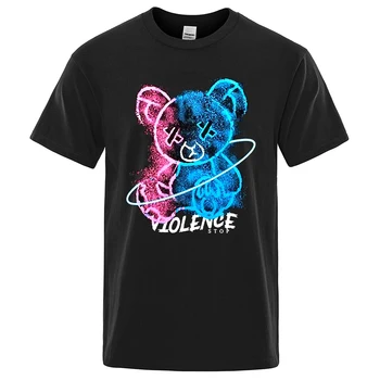 Stop Násiliu Macko Karikatúry T-Shirt Mens Nadrozmerné Bavlnené Tričká, Letné Módy Streetwear Bežné Priedušná Muž Bavlna