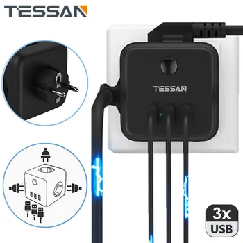 TESSAN Power Strip Black Cube s vypínačom, 3 AC Zásuvky a 3 USB Porty, EU Multi Zástrčku Sieťovej Zásuvky sieťový Adaptér pre Home/Office
