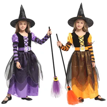 Umorden, Nezbedné, Oranžová, Fialová, Kúzelníčka Witch Dievča Kostýmy pre Dievčatá Halloween Purim Karneval Cosplay Fantasia Šaty