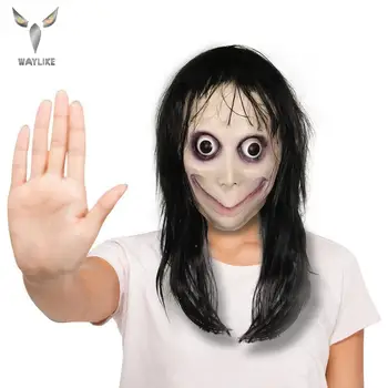WAYLIKE MOMO Strašidelné Hacking Hra Horor Latex Maska Nicro Smrti Hra Strašidelné Masky Halloween Ženský Duch Veľké Oči, Dlhé Parochne