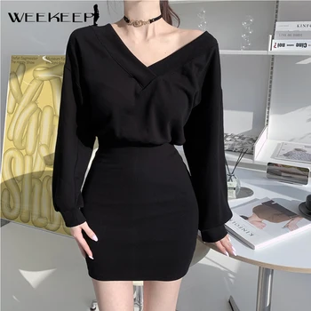 Weekeep Ženy V Elegantnom Čiernom Knitwear Šaty 2021 Módne Kórejský Street Style Jeseň Dlhý Rukáv Základné Šaty Fairycore Oblečenie