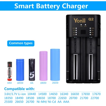YONII Q2 USB Nabíjačka, 3,7 V-4.2 V, Li-ion pre 18650/21700/26650/20350/18350 NiMH AAA Dual Slot Inteligentné Nabíjačky Batérií Napájanie Displej