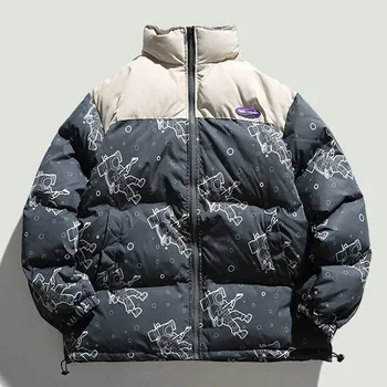 Zimné Hip Hop Mužov Parkas Harajuku Astronaut Vytlačené Colorblock Coats Streetwear Bežné Nadrozmerné Voľné Čalúnená Bundy Unisex