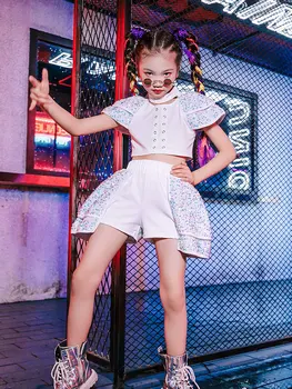 ZZL K-pop Scéne Oblečenie Cool Oblečenie pre Deti 2 Ks Biela Sequin Letný Kostým Jazz Ulice, Hip-hop, Tanečné Vyhovovali Dráhy Nosenie