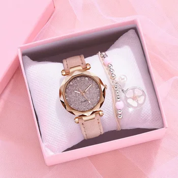 Ženské Quartz Hodinky S Koženým Remienkom Luxusné Hviezdna Dial Náramkové hodinky Módne Sakura Náramok