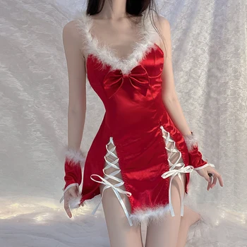 Ženy Vianočné Cosplay Kostým Sexy Lingeries Zimné Červené Šaty Duté Z Čipky Oblečenie Pani Santa Klobúk s Slúžka Jednotné 3ks