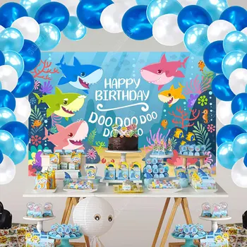 Žralok Happy Birthday Party Dekorácie Deti Shark Gobelín Pozadí Handričkou S Bielym Modré Balóniky Arch Súprava Pre Baby Sprcha