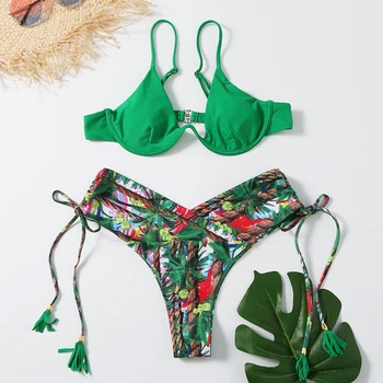 2022 Nové Rozdelenie Vytlačené Z Jedného Kusu Ocele Držiak Sexy Bikini Set Ženy, Plavky, Letné Zelené Plavky Tangá Plavky Biquini