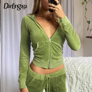 Darlingaga Vintage Módy Zelené Velúrové Jeseň Tepláková súprava Ženy Zips s Kapucňou a Nohavice Obleky Dve Dielna Sada Cvičenie Pevnej Oblečenie