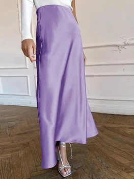 Dlhé Saténové Sukne Ženy Elegantné Pevné Vysoký Pás Office Dámy Štíhle Sukne Lete Vintage Hodváb A-line Sukne